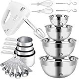 WEPSEN Hand Mixer Electric Mixing Bowls Set, 5 Speeds Handheld Mixer with 4 Nesting Stainless Steel Mixing Bowl, Measuring Cups Spoons 200W Kitchen Blender Whisk Beater Baking Supplies For Beginner