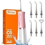 Bitvae Water Dental Flosser Teeth Picks, Cordless Portable Oral Irrigator, Powerful and Rechargeable Oral Irrigator, Brace Care, IPX7 Waterproof Water Dental Picks for Cleaning, Quartz Pink