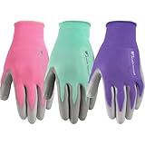 Wells Lamont Gardening Gloves for Women – Breathable Polyester, Seamless Fit – PU-Coated Palm for Grip & Durability – Elastic Wrist – Pink/Green/Purple, Medium, Pack of 3 (413MF)