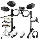 Fesley FED150 Electric Drum Set: Dual Zone Snare Drum, 2 Cymbals with Choke, 200 Sounds, 4 Quiet Mesh Drum Pads, Electronic Drum Set for Beginner, Bluetooth, MIDI, Throne, Headphone, Drum Sticks