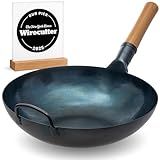 YOSUKATA 13.5” Blue Carbon Steel Wok Pan – Pre-Seasoned Flat Bottom Wok Compatible with open fire, gas, electric, ceramic, induction cooktops -Traditional Chinese Pan for Stir Fry, BBQ, Grill, Camping