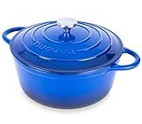 Nuovva Enamelled Cast Iron Dutch Oven Pot with Lid – 6.4 Quart Non Stick Casserole Pot – Heavy Duty & Oven Safe up to 500° F for Bread Baking, Braising, Stews, Roasting – 28cm Dark Blue