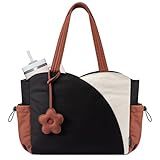 LOVEVOOK Tote Bag for Women, Puffer Tote Bag with Zipper, Work Bags for Teacher Nurse College, Handbag With Water Bottle, Teacher Tote for Travel, Daily, Beige-black-brown