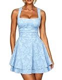Kaximil Women's Square Neck Floral Ruffle A Line Mini Dress, S, Blue