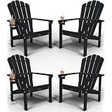 THOEOE Stackable Adirondack Chair Set of 4, HDPE All-Weather Adirondack Chairs - Durable and Space Saving, Plastic Outdoor Fire Pit Chairs with Cup Holder,Black