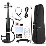 Vetimobato Electric Violin 4/4 Full Size Solid Wood Silent Violin Set for Adults Beginner Practice Electric Fiddle with Ebony Fittings Hard Case & Bow(4 String Black)