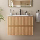 wanan 24 Inch Natural Oak Bathroom Vanity with Sink, Floating Bathroom Vanity with Ceramic Sink, Wall Mounted Modern Fluted Bathroom Vanities with 2 Storage Drawers, Wood Grain Bathroom Sink Cabinet