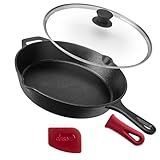 Cuisinel Pre-Seasoned Cast Iron Skillet (12-Inch) W/Tempered Glass Lid and Handle Cover Oven Safe Cookware | Heat-Resistant Holder | Indoor and Outdoor Use | Grill, Stovetop, Induction Safe
