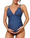 Charmo Maternity Swimsuit One Piece Elegant V Neck Pregnancy Swimwear Tie Back Bowknot Bathing Suit Monokini Dark Blue