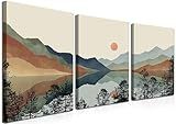 AKWISH Framed Mountain Canvas Wall Art Set of 3, Boho Watercolor Poster Prints Painting, Sun Forest Abstract Nature Landscape Artwork Wall Decor for Living Room, Bedroom, Office 12x16 In