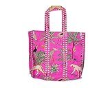 Quilted Cotton Hand printed Reversible Large multicolor cotton Tote Bag,Indian Handmade Block Printed Tote Bag Women Handbag (Pink_Jungle-TOTE BAG)