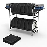 Neorexon Tire Storage Rack 44" x 44" x 18" w/Anti-dust Cover, Rolling Tire Rack Adjustable, Tire Rack for Garage Black w/4 Swivel Casters & 2 Storage Shelf for Garage Storage