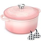Umite Chef 5QT Enameled Cast Iron Dutch Oven Pot with Lid, Heavy-Duty Cookware for Bread Baking, Braising, Stews, Roasting, Wedding Registry Ideas & Gifts (Pink)