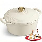 Overmont Enameled Cast Iron Dutch Oven - 5.5QT Pot with Lid Cookbook & Cotton Potholders - Heavy-Duty Cookware for Braising, Stews, Roasting, Sourdough Baking White