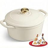 Overmont Enameled Cast Iron Dutch Oven - 5.5QT Pot with Lid Cookbook & Cotton Potholders - Heavy-Duty Cookware for Braising, Stews, Roasting, Sourdough Baking White