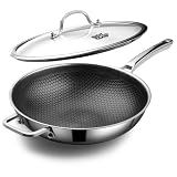 Wok Pan with Lid, 12 Inch Stainless Steel Nonstick Wok, Stir-Fry Pan
