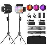 2Pack RGB LED Video Light Kit 12.6in with Barn Door, RGB Photography Light 20W/2500~8500K/14 Effect/2000lux@0.5m LED Panel Light Kit with Light Stand for Gaming Streaming Zoom YouTube Photography