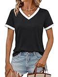 AUTOMET Womens Short Sleeve T-Shirts Summer Tops Casual Soft Tunic V Neck Basic Tees Workout Clothes Spring Fashion Outfits 2025 Black L