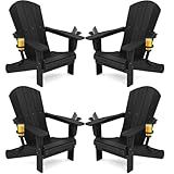 SERWALL HDPE Folding Adirondack Chair with Dual Cup Holder - Composite Adirondack Chair Set of 4- Black