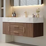 Weibath Bathroom Vanity with Sink 39.5" Floating Bathroom Vanity Sintered Stone Modern Bathroom Vanity Set, Walnut (Wall Mounted, Gold Handle)