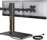 Perlegear Dual Monitor Stand with Power Strip, Freestanding Computer Monitor Stand for 2 Screens up to 32 Inch, Monitor Stand Riser with Glass Base and Adjustable Arms, Holds 22 lbs per Arm, PGTVS41B