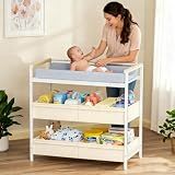 Cidaziya Baby Changing Table with Safety Bumper, Sturdy Diaper Change Station with Adjustable Devider in Large Storage Bin, Nursery Dresser for for Cloth Change, Baby Furniture Diaper Organizer,White