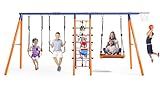 Swing Sets for Backyard 700 lbs - 6 in 1 Multifunction Swing Set Outdoor for Kids Playground, Larger Heavy Duty Metal Swing Stand with 3 Adjustable Swings, Climbing Ladder and Net, Basketball Hoop