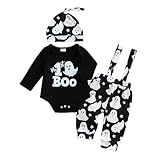 Halloween Newborn Baby Boy Outfit 1st Letter Romper Pumpkin/Boo Suspender Pants Outfits+Hats 3Pcs Fall Boy Outfits (1st Boo Black, 0-3 Months)