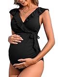 Charmo Maternity Swimsuit One Piece High Waisted Pregnancy Bathing Suits Ribbed Push up Nursing Swimwear Full Coverage Black M