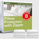 Ultra Soft Pillow Protectors with Zipper Standard Size - Set of 8 Breathable Pillow Covers - 100% Protection Against Stains, Dust & Dirt - Machine Washable (White)