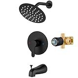 Airuida Shower Faucet Set with Tub Spout,Bathtub Faucet Set Complete,6 Inch Round Rainfall Shower Head,Tub and Shower Trim Kit with Solid Brass Rough-In Valve,Matte Black