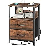 Yoobure Nightstand with Charging Station, Small Night Stand with Fabric Drawers and Storage Shelf for Bedrooms, Small Spaces, Bedside Table with USB Ports & Outlets