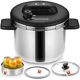 KOCH SYSTEME CS Pressure Cooker Stainless Steel, 6.3 QT Olla de Presion, Easy One-Press Lock, 3 PSI Settings Pressure Cooker, Save 70% Time, Gas & Induction Compatible, Glass Lid & Steamer Rack