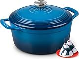 Overmont Enameled Cast Iron Dutch Oven - 5.5QT Pot with Lid Cookbook & Cotton Potholders - Heavy-Duty Cookware for Braising, Stews, Roasting, Sourdough Baking Blue