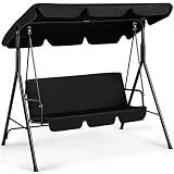Yaheetech 3-Seat Patio Swing Chair, Outdoor Canopy Porch with Adjustable Canopy & Removable Cushion, Hanging Glider Lounge Chair for Patio, Garden, Yard, Porch - Black