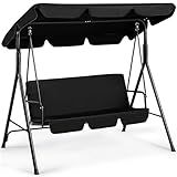 Yaheetech 3-Seat Patio Swing Chair, Outdoor Canopy Porch with Adjustable Canopy & Removable Cushion, Hanging Glider Lounge Chair for Patio, Garden, Yard, Porch - Black