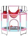 BLUERISE 55" Trampoline for Kids 55IN Toddler Trampolines Indoor/Outdoor with Adjustable Gymnastics Bar & Safety Net No-Gap Design Anti-Rollover Bottom Basketball Hoop Gifts for Boys & Girls Pink/Blue