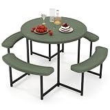 Giantex Picnic Table Bench Set for 4-8 Person, Round 37” Outdoor Dining Table w/Umbrella Hole, HDPE Tabletop, Metal Frame, Patio Furniture Set for Backyard Porch Lawn, 1400lb Capacity (Green,Round)