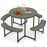 Giantex Picnic Table Bench Set for 4-8 Person, Round 37” Outdoor Dining Table w/Umbrella Hole, HDPE Tabletop, Metal Frame, Patio Furniture Set for Backyard Porch Lawn, 1400lb Capacity (Green,Round)