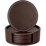 AUMISKY Set of 6 Round Leather Coasters for Drinks with Holder, 4" (Brown)