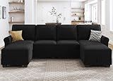 HONBAY Sectional Sofa with Storage Seat Velvet U Shaped Couch with Reversible Chaise Convertible Sectional Couches for Living Room,Black Velvet