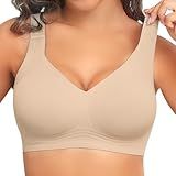 PoseFree Womens Bras No Underwire Full Support Back Fat Smoothing Bralette Wireless Push Up Plus Size Sports Bra (Nude,L)