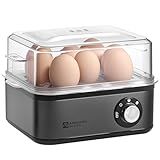 Annie & Mia Design Stainless Steel Electric Rapid Egg Cooker, 8 Egg Capacity 500W, Soft/Medium/Hard Boiled Egg Boiler Poacher Steamer Omelet Maker, Knob Auto Shut-Off, with Recipe Guide Book (Black)