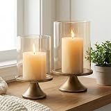 SUJUN Set of 2 Hurricane Candle Holder Set with Glass Dome & Iron Base – Elegant Decorative Pillar Candle Holders for Living Room, Dining Room & Bedroom Centerpiece - Ideal Home Décor