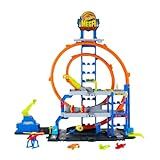 Hot Wheels Toy Car Track Set with Die-Cast Car & Helicopter, 2 Loops, Storage for 36 1:64 Scale Vehicles, Speed Snap Adapters, Mega Loop Garage