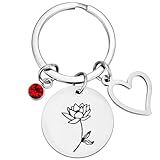 Reizteko Birth Flower Dainty Hand Stamped Flower with Heart Charm & Birthday Stone keychain Birthday Gift Mother's Day Gift (July-waterlily Key)