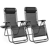 Sweetcrispy Zero Gravity Chairs, Set of 2 Portable Recliner Beach Camping Patio Outdoor Folding Lounge Chair with Cup Holder Trays and Adjustable Pillow for Poolside, Garden, Backyard, Lawn (Black)
