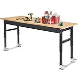 60" Adjustable Work Bench, Rubber Wood Top Workbench Heavy-Duty Work Table with Power Outlet and Wheels, 2000 LBS Load Capacity Hardwood Work Benches for Garage, Workshop, Home, Office, Easy Assembly