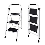 OLIXIS Step Ladder, 3 Sturdy Step Stool with Anti-Slip Pedal & Comfortable Handrail, Portable Heavy Duty Step Stool for Kitchen, Garage & Outdoor Use, 330lbs, Black