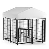 LOVMOR Outdoor Dog Kennel with Roof, Heavy Duty Steel Dog Run Enclosure for Small Dogs, Waterproof Canopy, Double Latch Door, Adjustable Feeding Bowls, Pet Pen for Yard and Patio, 4’L x 4’W x 4.25’H